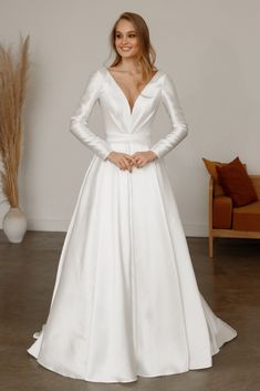 Mikado Wedding Dress Ester with Long Sleeves - Olivia Bottega Mikado Wedding Dress, Silk Wedding Gown, Long Sleeve Wedding Dress, Silk Wedding Dress, Fantasy Wedding, Sleeve Wedding Dress, Usa Dresses, Long Sleeve Wedding, Gowns Online