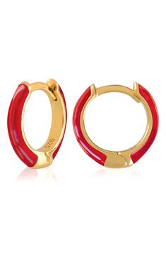 Easy-to-wear hoop earrings will add significant polish to even your most casual ensembles. 1/2" drop; 1/8" width Hinge with snap-post closure Sterling silver with goldtone plate/enamel Imported Red Enamel Clip-on Jewelry, Small Red Hypoallergenic Hoop Earrings, Trendy Small Hoop Red Earrings, Red Adjustable Hypoallergenic Hoop Earrings, Trendy Small Red Hoop Earrings, Trendy Red Hoop Earrings, Red Hoop Pierced Jewelry, Red Pierced Hoop Jewelry, Red Hoop Pierced Earrings