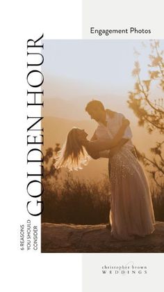 an image of a man and woman in the sunset with text that reads engagement photos