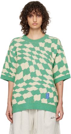 ADER error: Green & Beige Wave T-Shirt | SSENSE Teacher Wardrobe, Ader Error, Green Beige, Knit Crewneck, Graphic Patterns, Knit Cotton, Accessories For Women, Patch Logo, Rib Knit