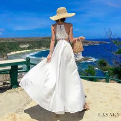 Lasaky - Beach Vacation Elegant White Halter Neck Backless Maxi Dress Empire Waist Dress Pattern, White Suspenders, Sheath Dresses Pattern, Backless Maxi Dress, Wrap Around Dress, Cover Beachwear, Lace Skater Dress, Beach Skirt, Coastal Chic