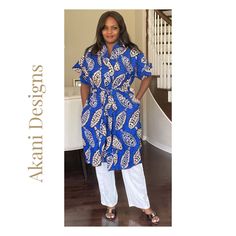 Take your style to another level with this beautiful African Print Kimono.  This flowy kimono can be dressed up or worn casually with jeans or leggings.  It can also be worn as a swimsuit cover up.  Made with 100% African wax cotton / Loose fitting with side pockets  40 - 41 inches long with short sleeves  Comes in one size that can accommodate s-xxl Wash by hand or machine wash with delicates  Hang to dry  Iron on low setting Casual Tunic With Kimono Sleeves For Beach, Flowy Tunic Casual Kimono, Casual Short Sleeve Kimono For Loungewear, Casual Printed Short Sleeve Kimono, Casual Short Sleeve Printed Kimono, Blue Tunic With Kimono Sleeves, Relaxed Fit Tunic With Kimono Sleeves, Casual Short Sleeve Kimono For Day Out, Blue Casual Kaftan With Kimono Sleeves