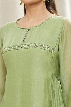 Shop for Oshi By Shikha Green Cotton Chanderi Round Neck Anarkali And Pant Set for Women Online at Aza Fashions Round Neck Anarkali, Green Anarkali, Kurta Cotton, Straight Fit Pants, Pant Set For Women, Pattern Embroidery, Kantha Stitch, Pant Set, Green Cotton