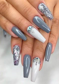 These are full coverage Acrylic press-on nails made with grey gel, sparkle and rhinestones. Default order is long coffin shaped tips in medium widths sizes thumb to pinky 1,5,4,6,8 You can order Stiletto, coffin, almond, ballerina shaped in any length or sizes by adding your info to the personalize spot at checkout. If you don't know your sizes I recommend you order a sizing kit first as all sets are custom made and can't be returned. Fantastic Nails, Uñas Acrilicas, Acrylic Nail Art, Coffin Nails Designs, Fancy Nails, Makeup Tutorials, Nail Arts