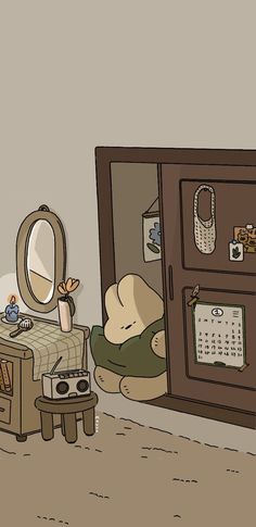 a room with a cabinet, mirror and teddy bear on the floor in front of it