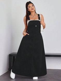 Plus Size Casual Solid Color Denim Overall Dress, Spring & Summer Black Casual  Sleeveless Denim Colorblock,Plain Pinafore Non-Stretch  Women Plus Clothing, size features are:Bust: ,Length: ,Sleeve Length: Denim Suspenders, Salopette Jeans, Grey Colour Suit, Fleece Tights, Denim Overall Dress, Denim Shirt Dress, Dress Spring, Suspender Dress, Elegant Dresses Long