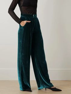 The Teal Velvet Wide Leg pants marry the richness of velvet with the modernity of a wide-leg silhouette. The deep teal hue enhances the plush texture, making these pants a statement piece that effortlessly transitions from sophisticated evenings to fashionable daytime ensembles. Measurements : Small- Waist 26.8" Inseam 28" Medium- Waist 28.4" Inseam 28.2" Large- Waist 30.7" Inseam 28.4" Fabric Content: 95% Polyester 5% Spandex Office Trousers Women, Solid Color Pants, Gold Velvet, Pants With Pockets, Velvet Pants, Pantalon Large, Office Ladies, Summer Outfits Women, Long Pants