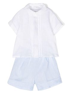 white/blue linen/flax semi-sheer construction pintuck detailing Peter Pan collar concealed front button fastening short sleeves straight hem elasticated waistband straight leg turn-up hem This item contains at least 50% materials which are certified or widely recognised as having a lower environmental impact through production and/or manufacturing processes that reduce water consumption and the use of harmful chemicals, or re-use by-products of the production process. Learn more about what makes White Short Sets For Daywear, Cotton Sets With Elastic Waistband And Short Sleeves, White Linen Sets For Spring, Spring Daywear Short Set, Summer Sets With Elastic Waistband And Shorts, Short Sets For Daywear In Spring, White Relaxed Fit Linen Sets, White Cotton Short Sets, White Cotton Short Length Sets