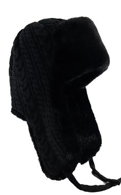 Whether you call these bad boys trapper hats, Russian hats, earflap hats or trooper hats - we know one thing - they warm AF! Keep your head wintergoth cosy in this faux fur woolly hat with extended earflaps on the side and woven black ties. A cable knit pattern on the back gives some granny chic glam and the fur shows on the underside of the sides and along the top brim One size fits most. Warm Bonnet With Ear Flaps For Cold Weather, Black Hats With Plush Lining For Cold Weather, Black Hat With Faux Fur Lining And Ear Flaps, Warm Faux Fur Hats With Ear Flaps, Black Hats With Faux Fur Lining For Cold Weather, Black Hats With Plush Lining And Ear Flaps, Faux Fur Winter Hat With Ear Flaps, Winter Faux Fur Hats With Ear Flaps, Warm Beanie With Ear Flaps