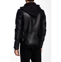 Men Black Detachable Fabric Hooded Leather Jacket, Biker Leather Jacket Biker Leather Jacket Men, Hooded Leather Jacket, Leather Jacket Biker, Biker Leather Jacket, Andy Black, Leather Jacket With Hood, Biker Leather, Leather Motorcycle Jacket, Warm Jacket