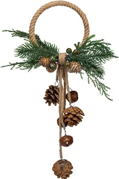 a pine cone hanging from a rope with pine cones and firconies on it