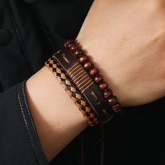 This Set Of Three Rugged Men's Bracelets Combines Masculine Style With Versatile Materials, Perfect For Everyday Wear. The First Bracelet Features Brown Pu Leather With A Woven Pattern, Giving It A Sturdy, Rustic Feel. The Second Bracelet Is Adorned With Earthy-Toned Beads, Adding Texture And Depth To The Set. The Third Bracelet Is A Mix Of Braided And Smooth Brown Pu Leather Strands, Offering A Sleek Yet Rugged Look. Each Bracelet Can Be Worn Alone For A Simple Statement Or Stacked Together For Men's Leather Bracelets, Bracelets Sets, Casual Braids, Faux Leather Bracelets, Earrings Sets, Men's Bracelets, Leather Wristbands, Bracelets Set, Estilo Hip Hop