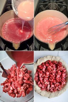 process photos showing how to make strawberry shortcakes in a skillet and then pouring batter on top