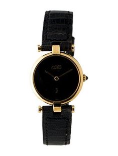 Must de Cartier Collection24mm Case DimensionSterling Silver & 18K VermeilQuartz MovementSmooth BezelBlack DialBlack Lizard StrapStainless Steel and Gold Plated Tang Buckle Watch Strap, Cartier, Gold Plate, Plating, Buckle, Silver, Gold