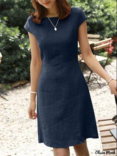 Olivia Mark - Round-Collared, Pure-Colored Cotton and Linen Dress with Hollowed-Out Back Knee Dresses Length, Cotton Short Dresses, Elegant Summer Dresses, Loose Midi Dress, Sundress Summer, Cotton Linen Dresses, Dress Sleeve Styles, Linen Short, Round Neck Dresses