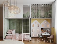 a child's room with bunk beds, table and chairs in the middle of it