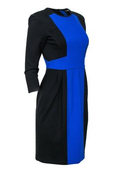 Go for a color block look the next time you step into the office! Made with a paneled design, this Nanette Lepore sheath will seriously jazz up any navy or black blazer, or go for a high-contrast look with your favorite creamy cardigan. Size 4 66% Viscose, 25% Nylon, 9% Elastane Sheath silhouette Rounded neckline Cropped sleeves Zippered back Pleated waste design Waist 29” Bust 32” Total length 38” Blue Color Block Dress For Work, Fitted Color Block Work Dresses, Fitted Color Block Dress For Work, Color Block Fitted Dress For Work, Elegant Contrast Color Block Dresses, Elegant Color Block Dresses, Black Color Block Dresses For Work, Fitted Blue Color Block Dress, Blue Panels