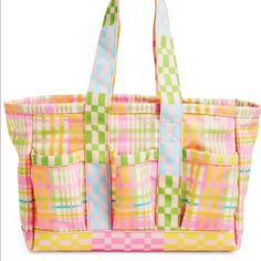 The Mighty Company - Patchwork Plaid Pocket Gardening Tote Bag - Multi Color - Polyester - 6 Exterior Pockets & 2 Interior Pockets - Could Be Used As Everyday Bag Or Gardening Tote - Measurements: Approximately 16.5” Wide X 8 1/2” High X 5” Deep X Handle Drop 6.5” - New Without Tags Yellow Canvas Bag With Pockets, Multicolor Canvas Bag With Pockets, Yellow Summer Shoulder Bag With Pockets, Yellow Summer Bags For Errands, Yellow Cotton Bags With Pockets, Spring Multicolor Shoulder Bag With Pockets, Spring Yellow Canvas Bags, Canvas Bags For Spring Weekend, Canvas Bag For Weekend And Spring Season