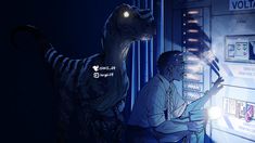 a man standing next to a dinosaur in front of a vending machine at night