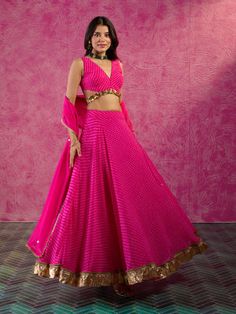 Buy Gajra Gang Frida Farida Pink Georgette Leheriya Coin Lehenga Set GGFFSKD12 online Haldi Pink Outfit, Leheriya Lehenga Choli, Lehenga Designs Leheriya, Pink Georgette Choli For Diwali, Pink Lehenga Look, Pink Georgette Choli For Wedding, Pink Fitted Georgette Lehenga, Leheriya Dress, Leheriya Lehenga