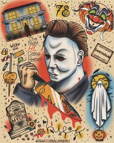 a drawing of a man holding a knife in front of his face and various halloween decorations around him