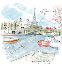 a watercolor painting of boats on the river in front of the eiffel tower