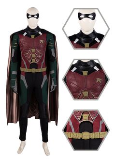 the avengers costume is shown in three different angles, including one with an open cape and two