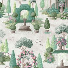 an image of a garden scene with trees and flowers on the wallpapers in pastel colors