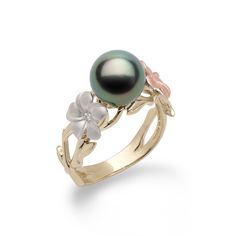 Pearls in Bloom Plumeria Tahitian Black Pearl Ring in Tri Color Gold with Diamonds - 8mm - Maui Divers Jewelry Plumeria Design, Tahitian Pearl Ring, Black Pearl Ring, Forever Ring, Black Pearls, Hawaiian Jewelry, Tahitian Black Pearls, Gem Diamonds, Diamond Collection