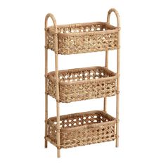 three wicker baskets are stacked on top of each other in the shape of a shelf