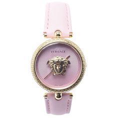 Versace's Palazzo Empire timepiece is perfect for the exceptional woman. Done in your choice if color, the dial holds the visage of Medusa directly in the center. She watches over your time aided by a Swiss quartz movement and elegant hands. Greek key designs around the bezel and a luxurious leather strap complete the piece and bring it to your wrist in style. Timeless Pink Diamond Watch Gift, Timeless Pink Diamond Watch As Gift, Luxury Watch With Rotating Bezel As Gift, Pink Timeless Round Diamond Watch, Timeless Pink Diamond Watch For Gift, Luxury Pink Diamond Watch As Gift, Luxury Pink Watch Accessories With Round Dial, Designer Quartz Watches, Luxury Watches With Rotating Bezel