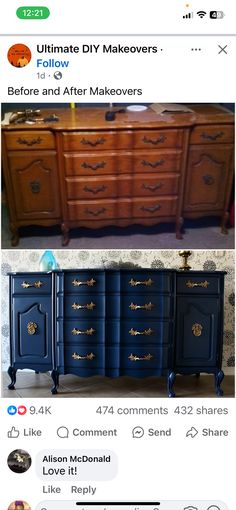 two different pictures of an old dresser and the same one has been painted blue with gold