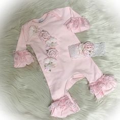 Fitted Pink Bubble Romper For Baptism, Girl Coming Home Outfit, Pink Newborn, Girls Coming Home Outfit, One Home, Outfit Pink, Nursery Colors, Chiffon Flowers, Ruffle Romper