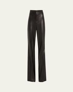 Alice + Olivia "Dylan" pants in fauxleather (polyurethane/polyester)    Approx. 32.25" inseam; 11" rise    High rise    Pintucked front    Back welt pockets    Wide legs    Full length    Hook/zip fly    Lining: Polyester    Dry clean    Imported Sleek Straight Leg Leather Pants For Evening, High-waisted Leather Pants For Evening, Chic Straight Leg Leather Pants For Evening, Evening Wide Leg Leather Pants, High Waist Leather Bottoms For Evening, Leather Trousers For Evening, Sleek Leather Straight Pants With Belt Loops, Sleek Leather Evening Bottoms, Sleek Straight Leather Pants With Belt Loops