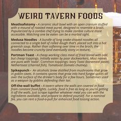 a recipe for weird tavern foods on a wooden table next to a glass of beer