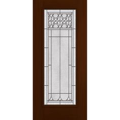 a brown door with stained glass on the top and bottom panel, in front of a white background