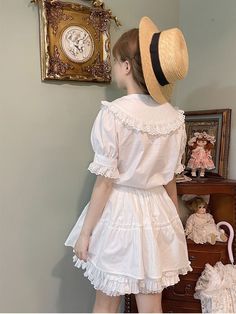 The price is for a top or a skirt, others are not included.  Top   	 		 			Size 			Free Size 		 		 			Shoulders 			37 		 		 			Bust 			102 		 		 			Full Length 			55 		 	     Skirt   	 		 			Size 			Free Size 		 		 			Waist 			60-80 		 		 			Full Length 			42 Frilled Shirt, Frill Shirt, Ruffle Hem Skirt, White Short Sleeve Shirt, Japanese Sweet, Lace Trim Top, Sailor Collar, Trim Top, Ruffle Shirt