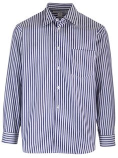 Blue and white striped shirt from Comme Des Garcons Cotton shirt, long sleeves, pointed collar, pocket on one side of the chest, sleeve bottom and button closure. New Shirt Design, Blue And White Striped Shirt, Shirt With Pocket, Comme Des Garcons Shirt, Cotton Poplin Shirt, Des Garcons, Poplin Shirt, Japanese Fashion, Comme Des Garcons