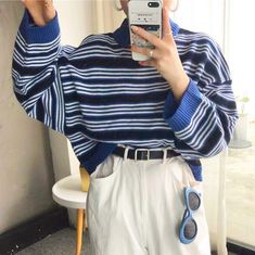 ✡Color:+Navy+Blue; ✡Size:+One+Size Length-52cm,+Bust-120m,+Shoulder-65cm,+Sleeve-44cm; (2.54cm=1inch). Artsy Sweaters, Harajuku Clothes, Sweaters Blue, Camo Mini Skirt, Womens Knitting Patterns, Striped Knitted Sweater, Short Sweater, Look Retro, Navy Blue Sweater