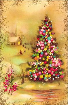 a painting of a christmas tree with colorful balls on it's bottom and an image of a church in the background