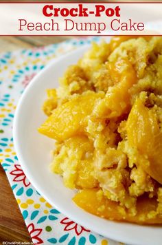 crock pot peach dump cake on a white plate