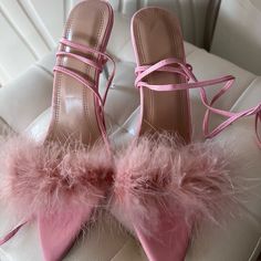 Fun Pink Ostrich Feather Strappy Heels - Brand Nwt Size 7 Heel Approx 3.5” Feathered Heels With Round Toe For Summer, Summer Heels With Feather Trim And Round Toe, Summer High Heel Feathers Heels, Feathered Heels With Round Toe, Summer High Heels With Feathers, Summer Evening Heels With Feathers, Summer Feathered Heels, Summer Feathered High Heels, Feathered High Heels For Summer