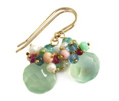 Soft Green Chalcedony Cluster Earrings Clusters of pink sapphire, seed pearls, blue topaz, pink opal, apatite, peridot and chrysoprase The main stone is 12mm Earrings hang 1.3 inches, over 20 carats A rainbow of colors The mannequin shows the relative size and how they will hang.   Please check out my ebay store for more gemstone earrings, bracelets and necklaces. Remember - Free Shipping!  Quality French earwires and finish available in sterling silver or 14k solid gold or 14k gold filled - you