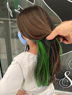 Green Peekaboo Highlights, Blue Hair Underneath, Highlights Light Brown Hair, Highlights Light Brown, Green Peekaboo, Blue Tips Hair, Under Hair Dye, Blonde And Blue Hair, Under Hair Color