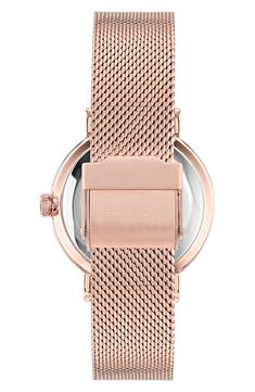 A flower-detailed dial elevates a stunning watch with a smooth leather strap for everyday statement making. 18mm band width Buckle closure Quartz movement Mineral crystal face Stainless steel/goldtone plate/leather Imported Timeless Rose Gold Watch For Professional Use, Timeless Rose Gold Watches For Work, Rose Gold Analog Watch Accessories For Formal Occasions, Rose Gold Analog Watch Accessories For Formal, Rose Gold Analog Watch Accessories For Formal Events, Formal Rose Gold Analog Watch Accessories, Classic Watch Accessories With Metal Dial In Rose Gold, Classic Rose Gold Watch Accessories With Metal Dial, Classic Rose Gold Watch With Metal Dial