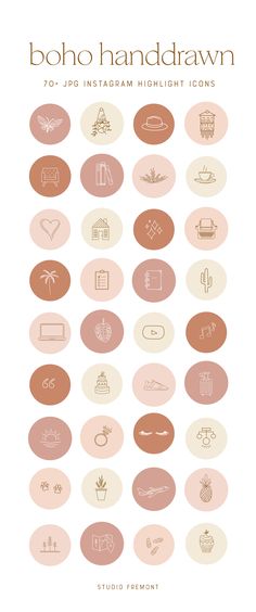 the boho hand drawn icon set is shown in pink and beige colors, with different symbols