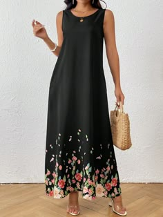 Women Floral Print Sleeveless Long Dress For Summer Black Casual  Sleeveless Woven Fabric Floral,Plants Tank Non-Stretch  Women Clothing, size features are:Bust: ,Length: ,Sleeve Length: Casual Black Sleeveless Maxi Dress, Spring Beach Vest Dress, Black A-line Sundress For The Beach, Black A-line Maxi Dress For Beach, Black Halter Neck Sleeveless Dress For Summer, Black Floral Print Sleeveless Sundress, Black Floral Print Sundress Sleeveless, Black Floral Print Sleeveless Beach Dress, Black Sleeveless Sundress