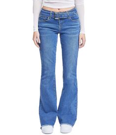 From YMI Jeanswear&#x2C; these jeans feature:Low riseDenim belt buckleFront 2-button/zip fly closureFlare legsApprox. 33" inseamFrayed hems5-pocket stylingCotton/polyester/viscose/spandexMachine wash/tumble dryImported. Trendy High Rise Belted Jeans, Casual Mid-rise Belted Jeans, Trendy Mid-rise Belted Jeans, Casual Fitted Belted Jeans, Fitted Casual Belted Jeans, Fall Trendy Flare Jeans With Belt Loops, Entrepreneur Fashion, Adorable Outfits, Denim Belt