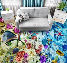 an ocean themed living room with fish and corals on the floor