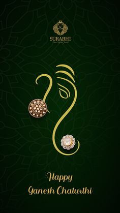 happy ganeshi greeting card with gold and diamonds on dark green background for hindu festival